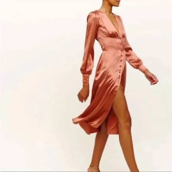 Reformation Satin Midi Dress in Rust - Picture 2 of 3